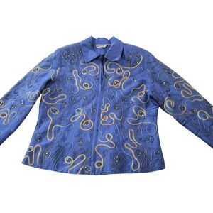 Blutique Embroidered Jacket Women's Large Blue Silk Shoulder Pads Beads Boho